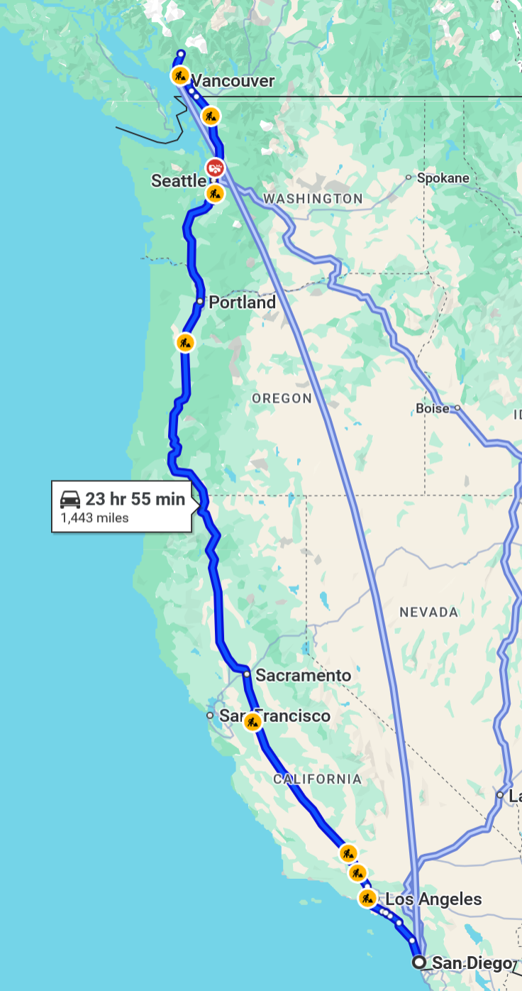 Google Maps screenshot showing route from San Diego to BC