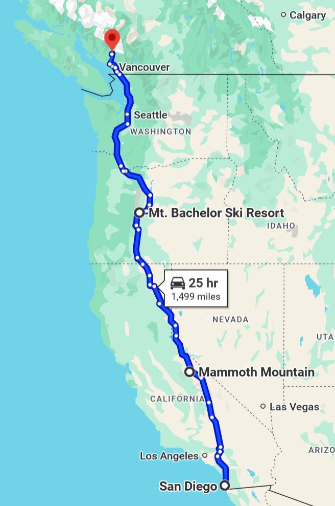 Google Maps screenshot showing route from San Diego to BC with stops at Mammoth Mountain and Mount Bachelor