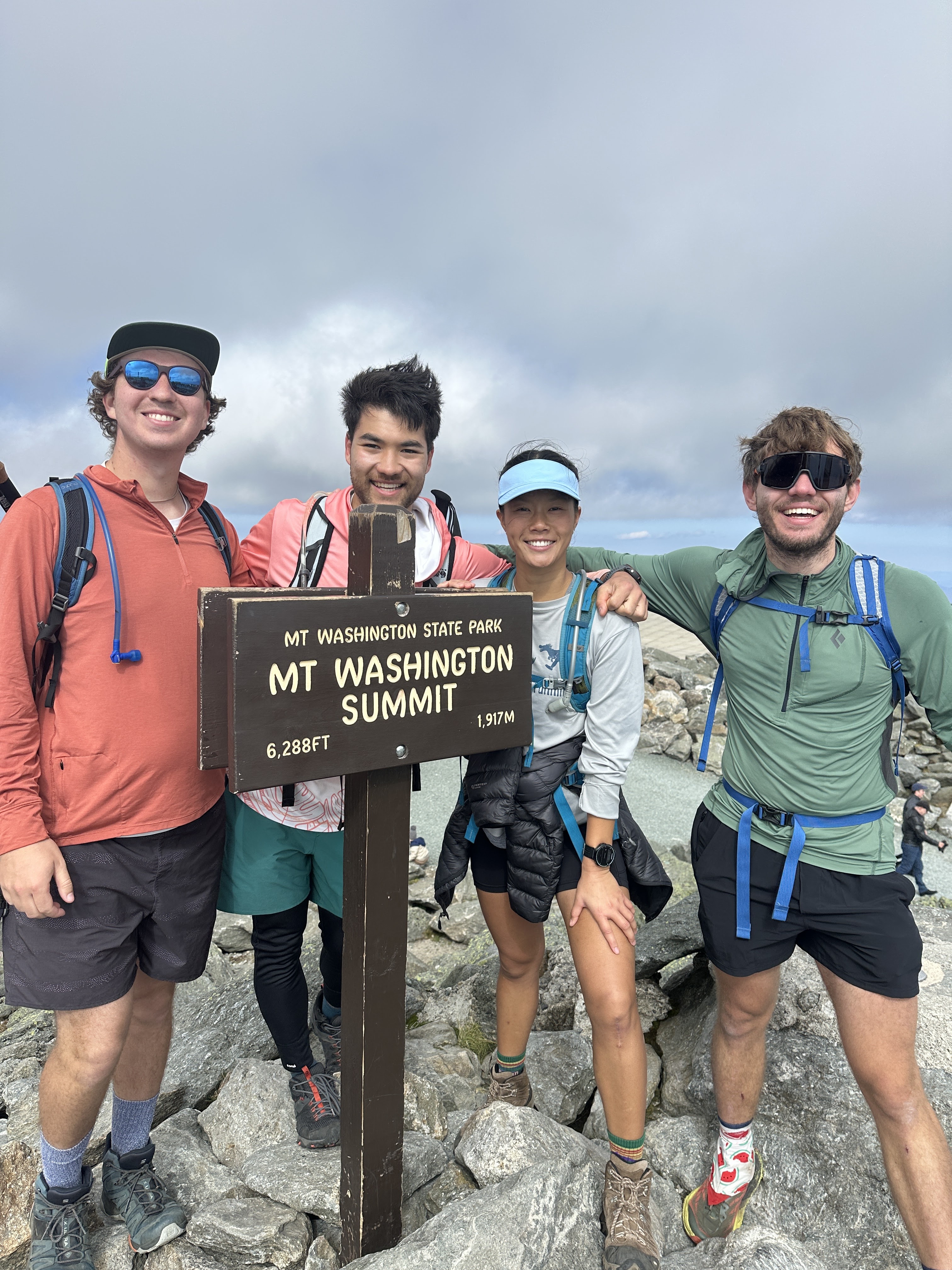 The group behind a sign reading 'Mt Washington State Park Mt Washington Summit 6288ft 1917m'