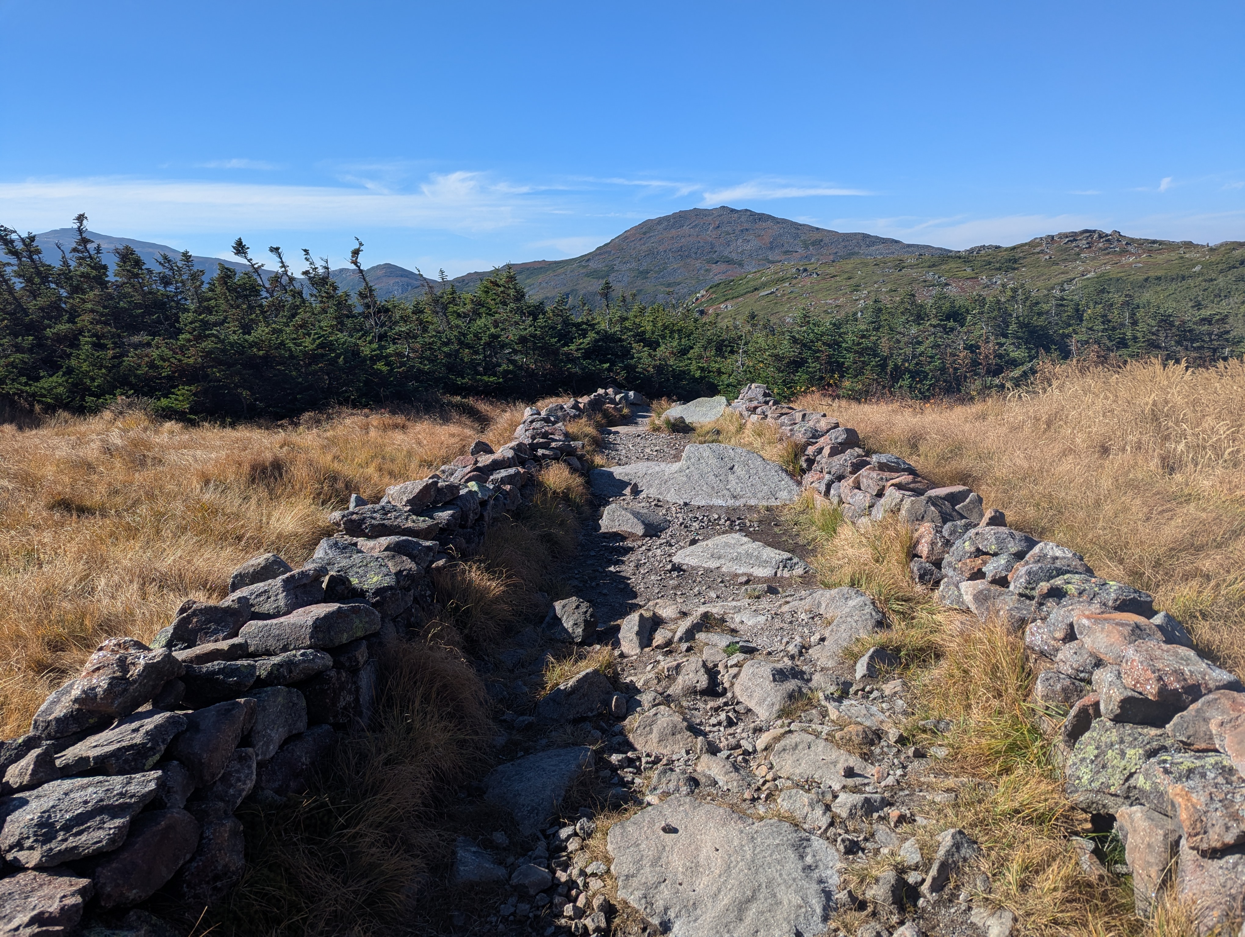 The AT at my feet, with hand-stacked rock walls on both sides. Mt. Jefferson in the distance