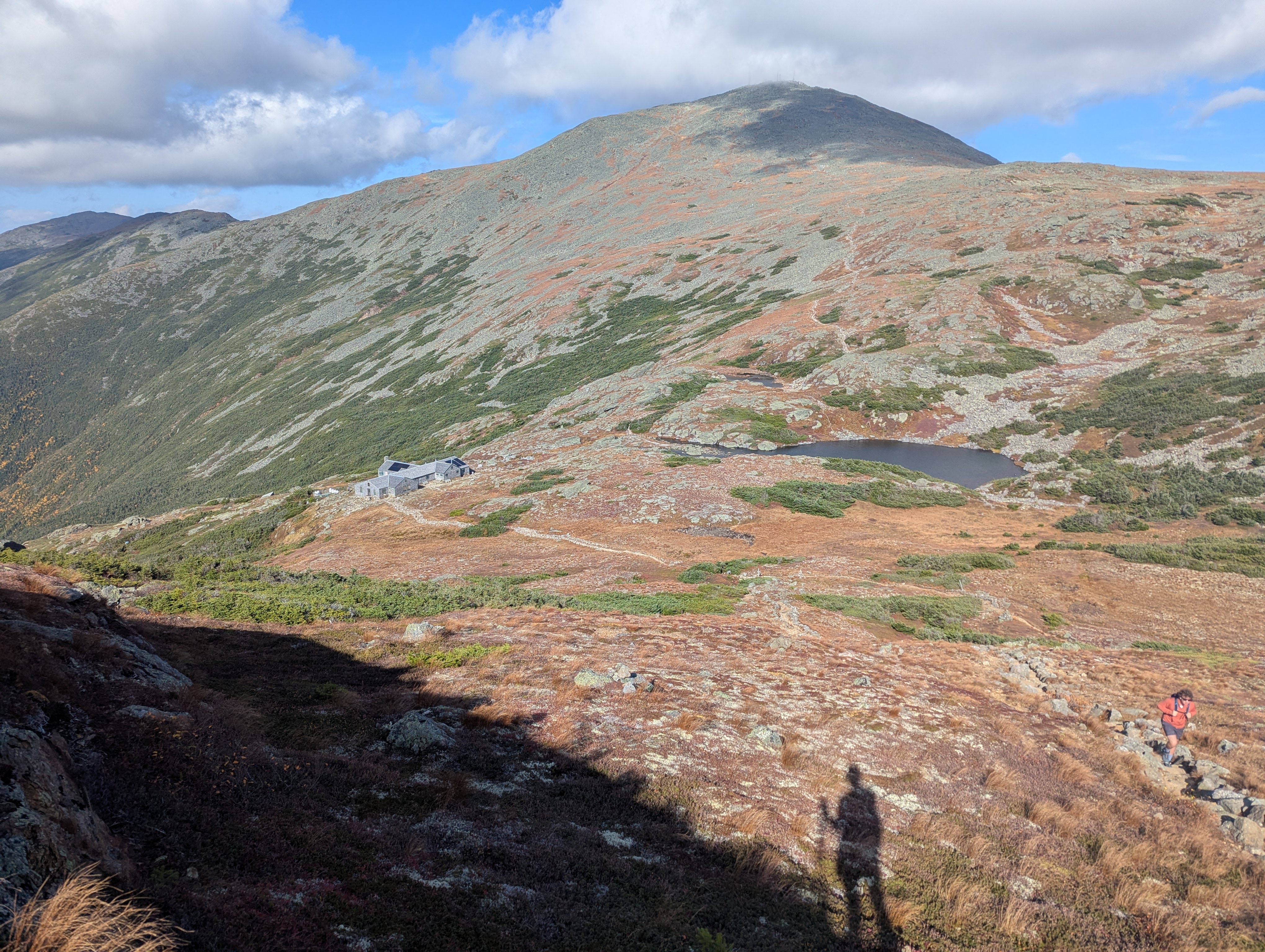 A view of Mt. Washington, with the Lakes and Hut now in the foreground